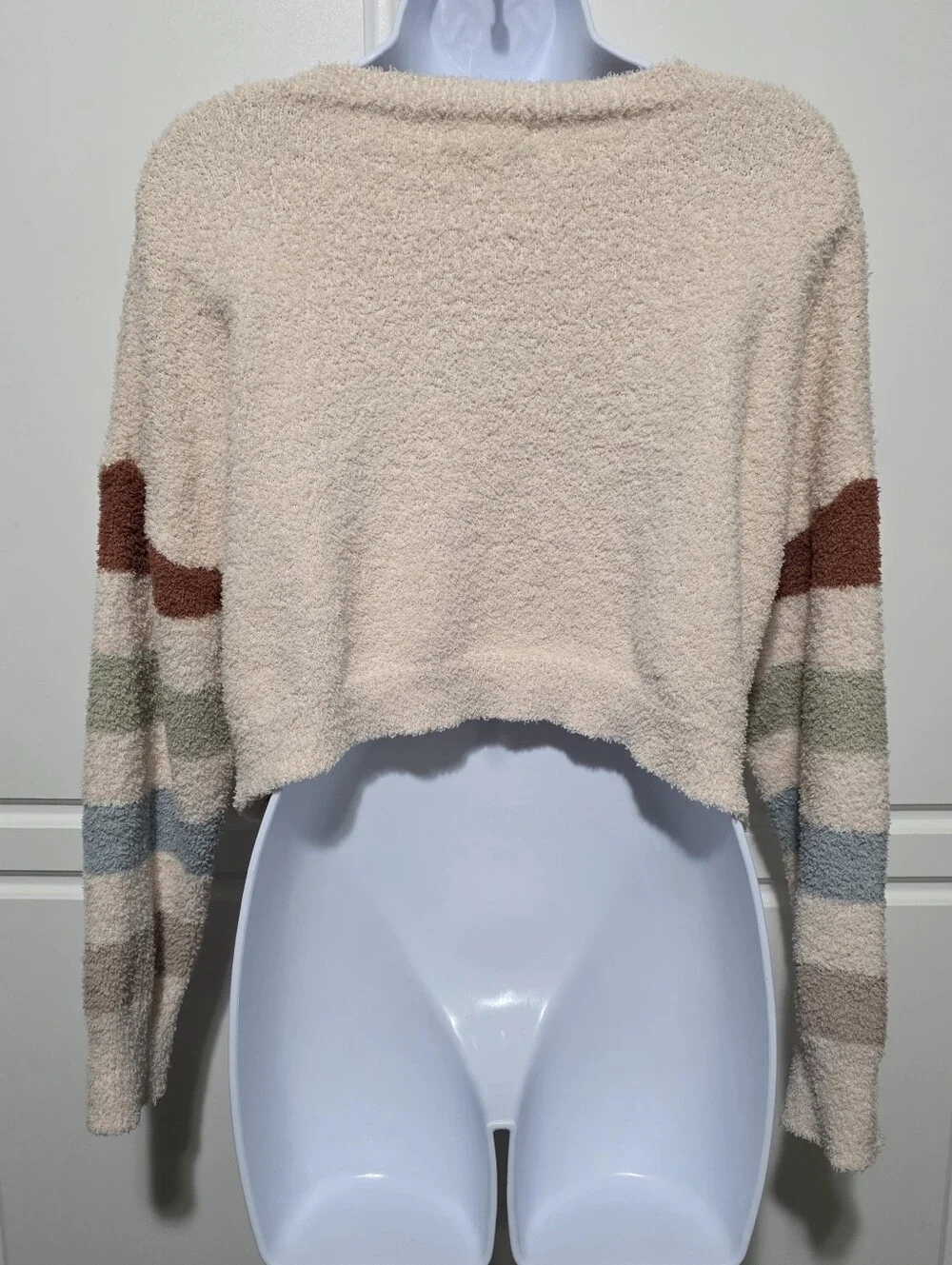 Altar'd State Womens Fleece Fuzzy Stripe Sleeve Oversized Semi Cropped Sweater